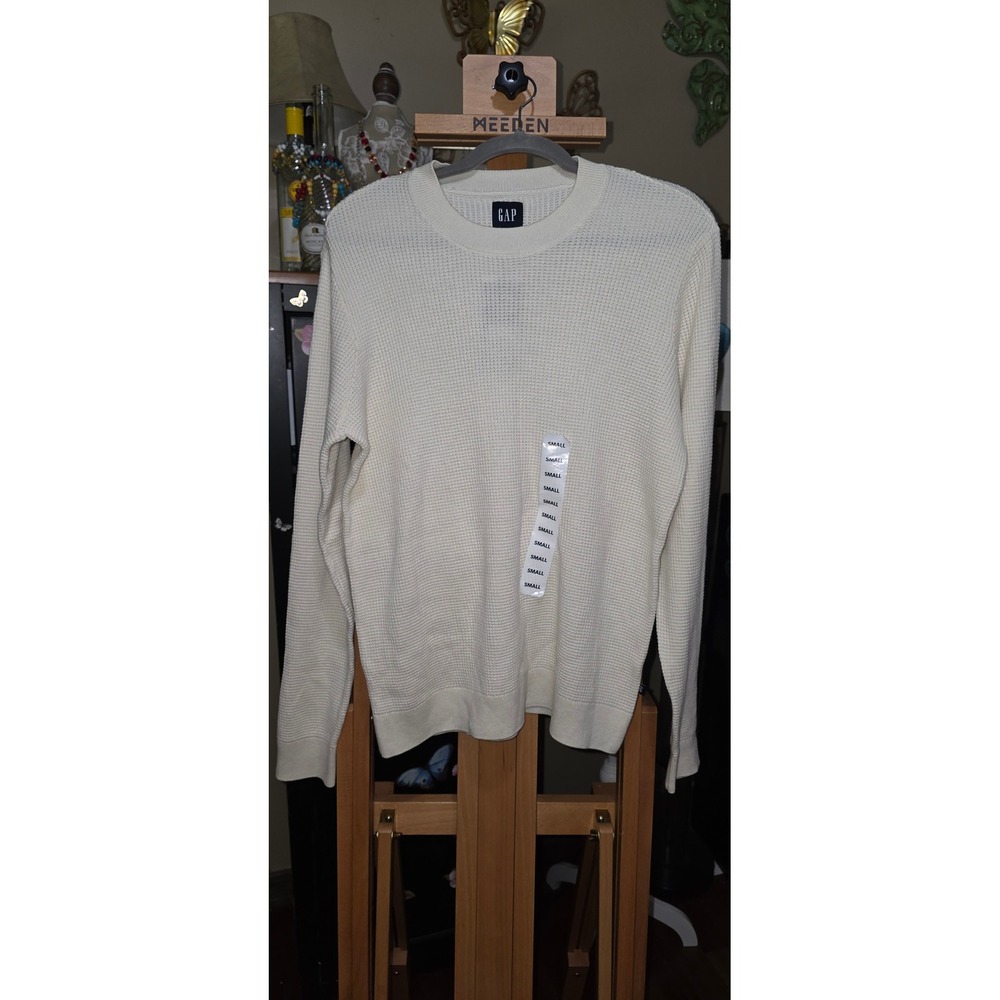 Gap Mens Waffle Knit Crewneck Sweater Bone White Long Sleeve Small NWT